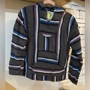 Iguana Jack Baja Hoodie Men’s L Drug Rug Pullover Gray Blue Purple Striped